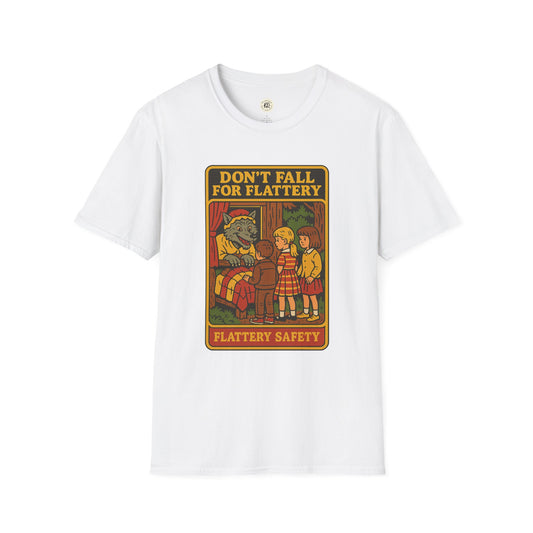White Printify big bad wolf graphic t-shirt with vintage cartoon design and safety warning text