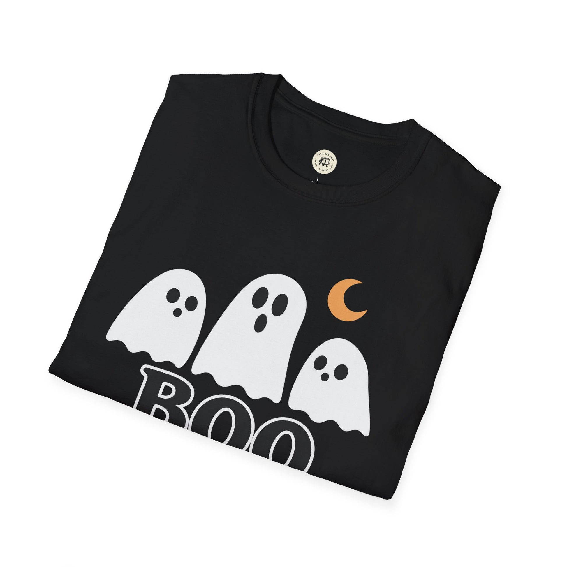 Black Printify t-shirt featuring three white ghosts and text Boo Crew Halloween shirt design