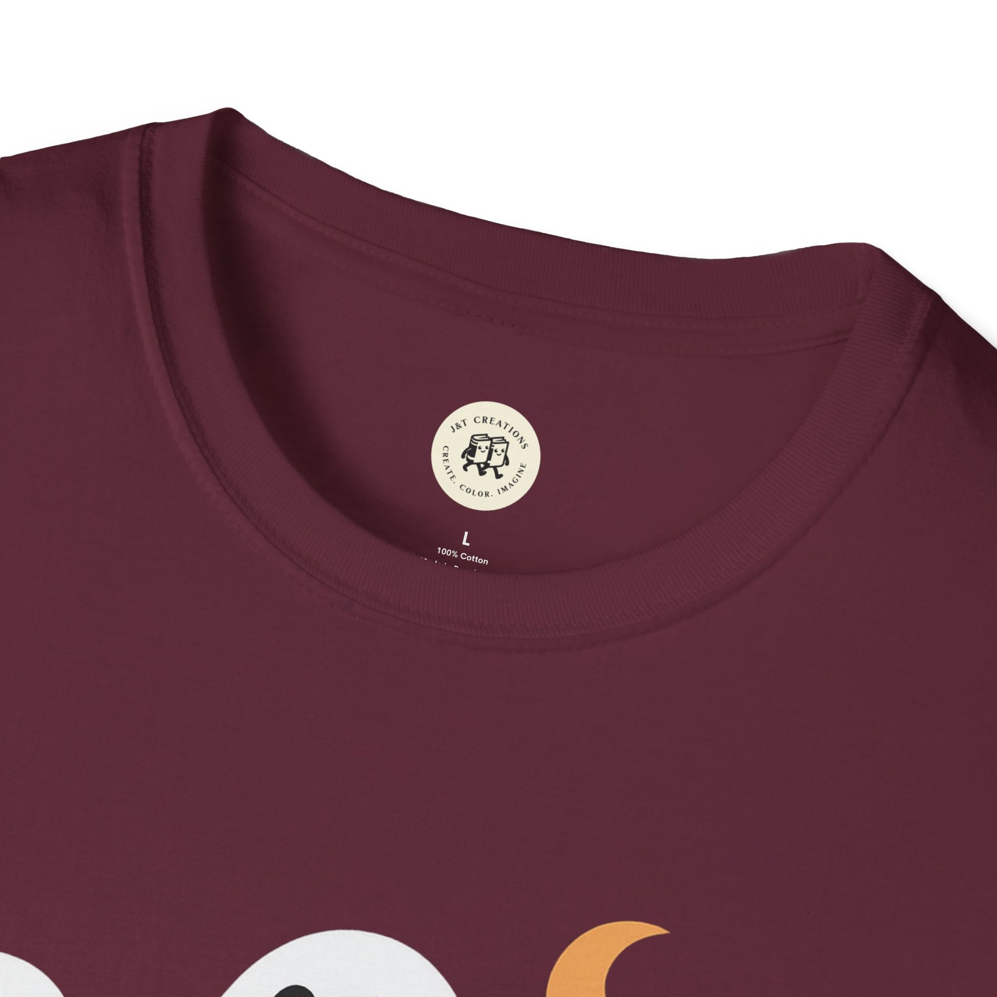 Close-up of Printify Boo Crew Halloween shirt in burgundy with round neckline and cotton fabric