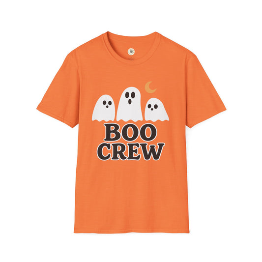 Orange Boo Crew Halloween shirt with three white ghost illustrations and a crescent moon