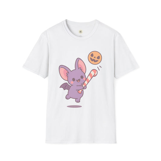 White Printify t-shirt with cute Halloween bat t-shirt design featuring a purple bat holding a candy bat