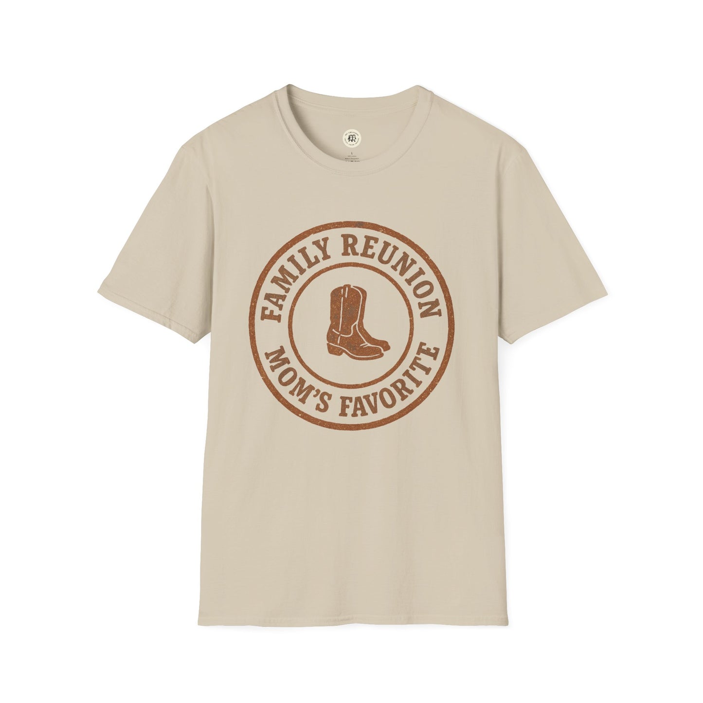 Beige family reunion t-shirt from Printify with brown cowboy boots and Mom's Favorite text