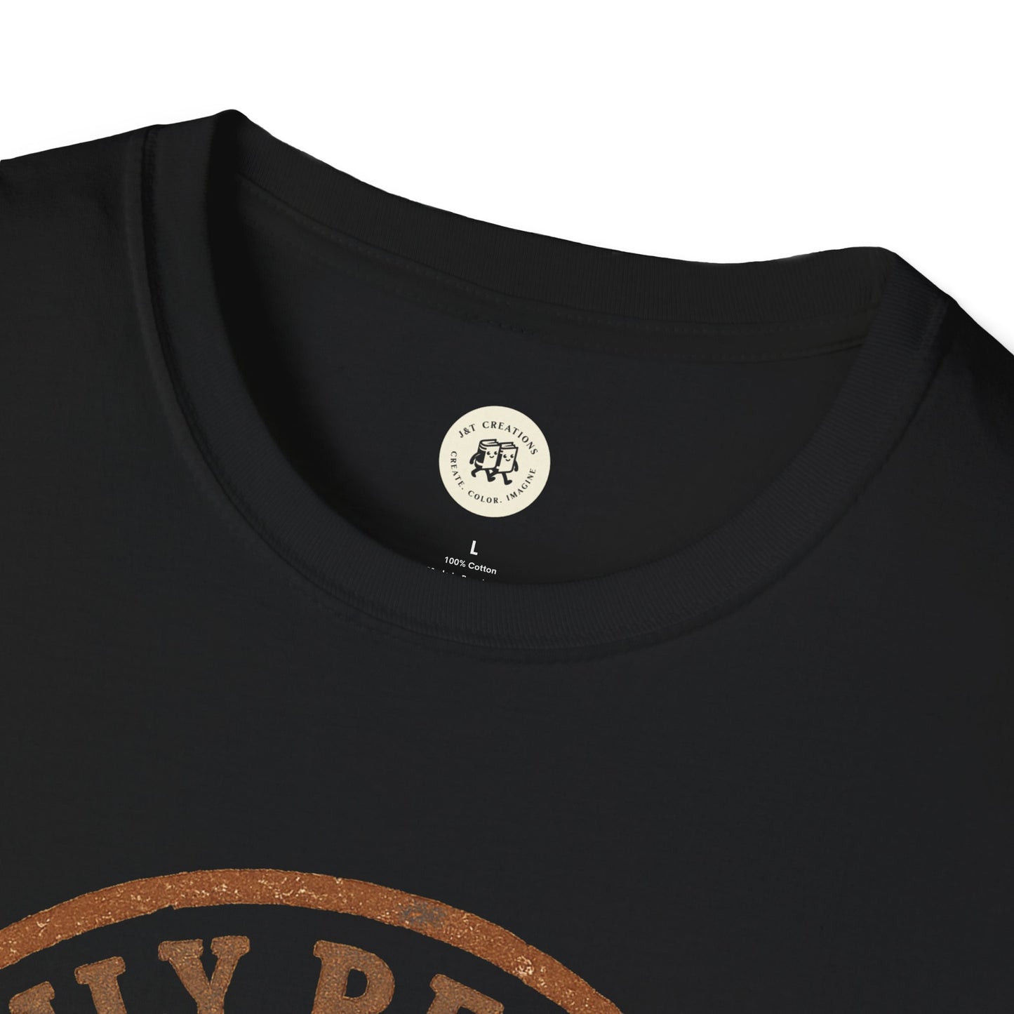 Black Printify family reunion t-shirt with a round neckline and partial graphic design