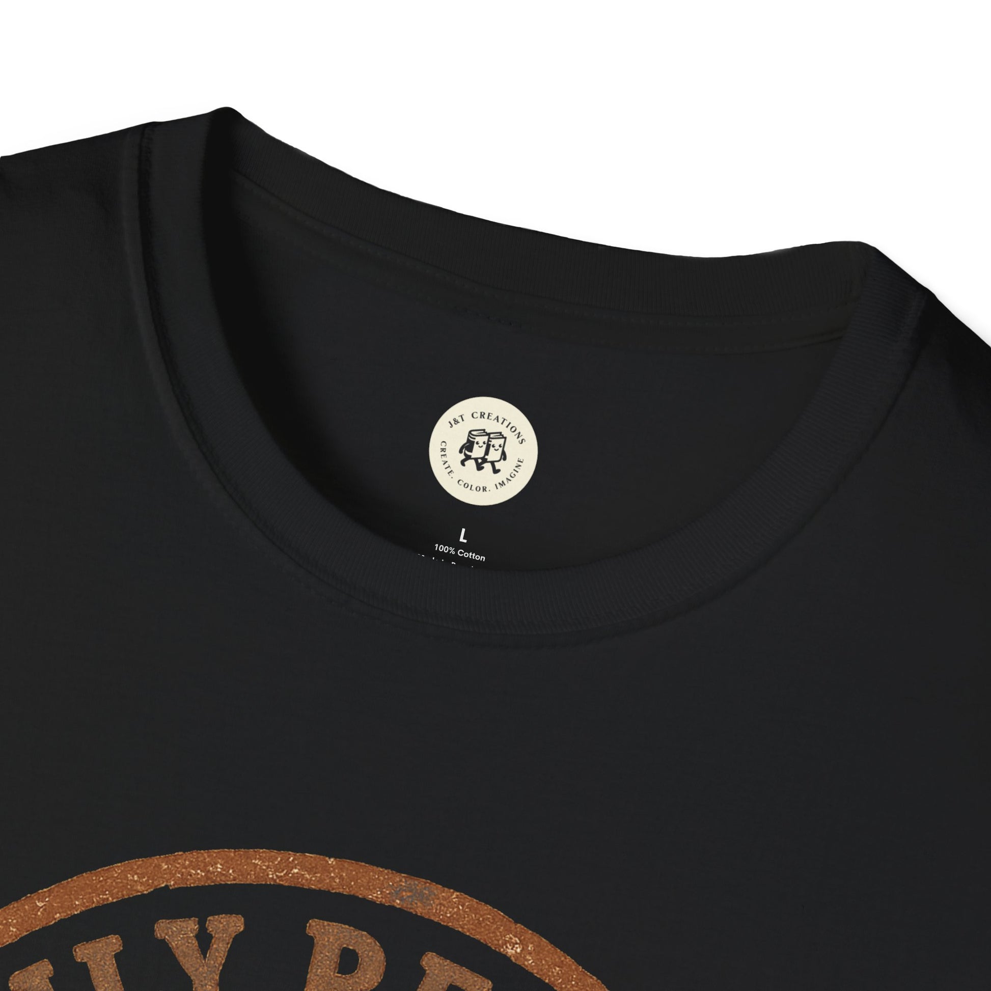 Black Printify family reunion t-shirt with a round neckline and partial graphic design