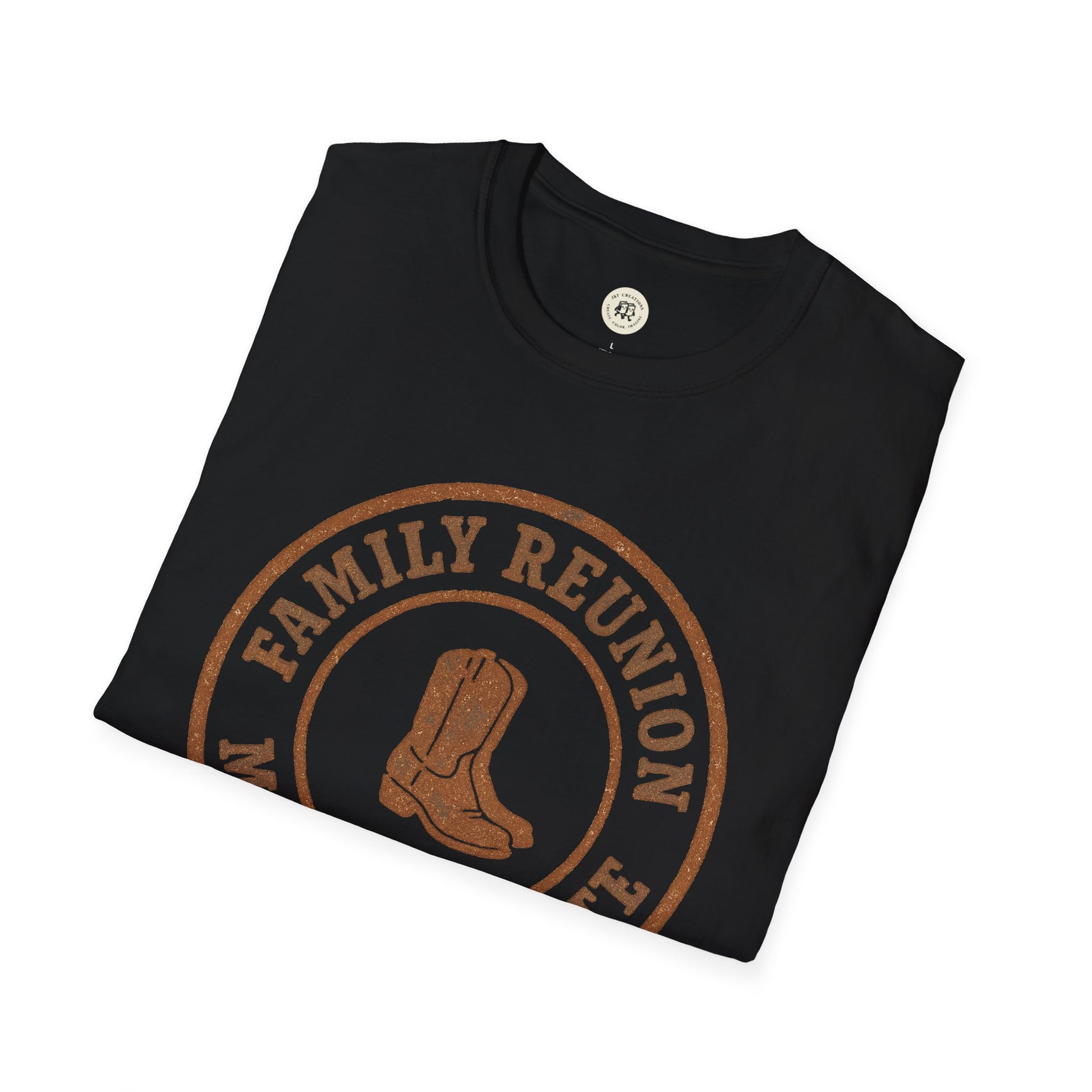 Black Printify family reunion t-shirt with brown vintage boot graphic folded neatly