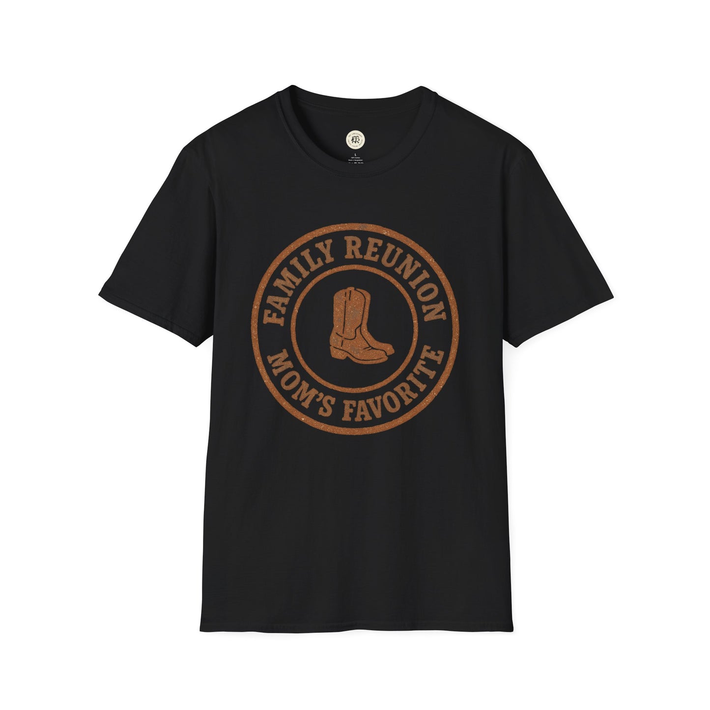 Black Printify family reunion t-shirt with brown cowboy boots and mom's favorite text