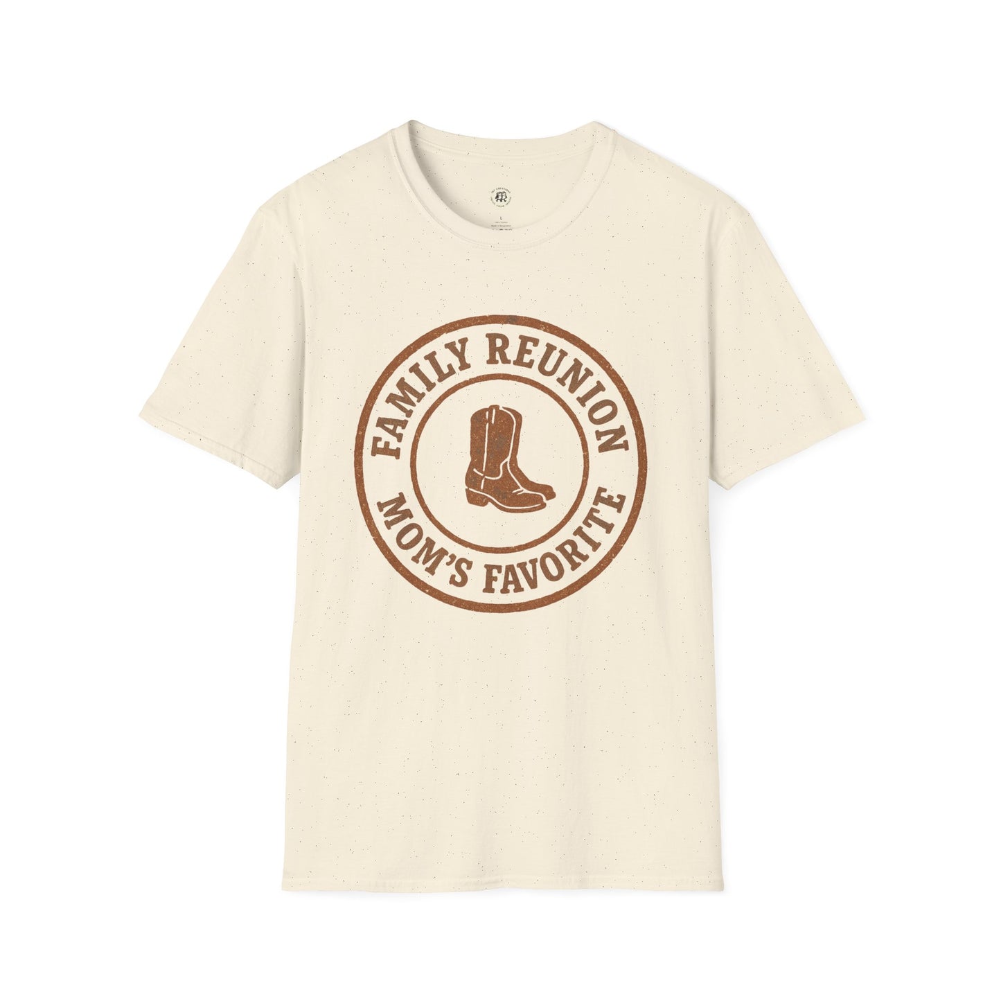 Printify beige family reunion t-shirt with brown boots graphic and Mom's Favorite text
