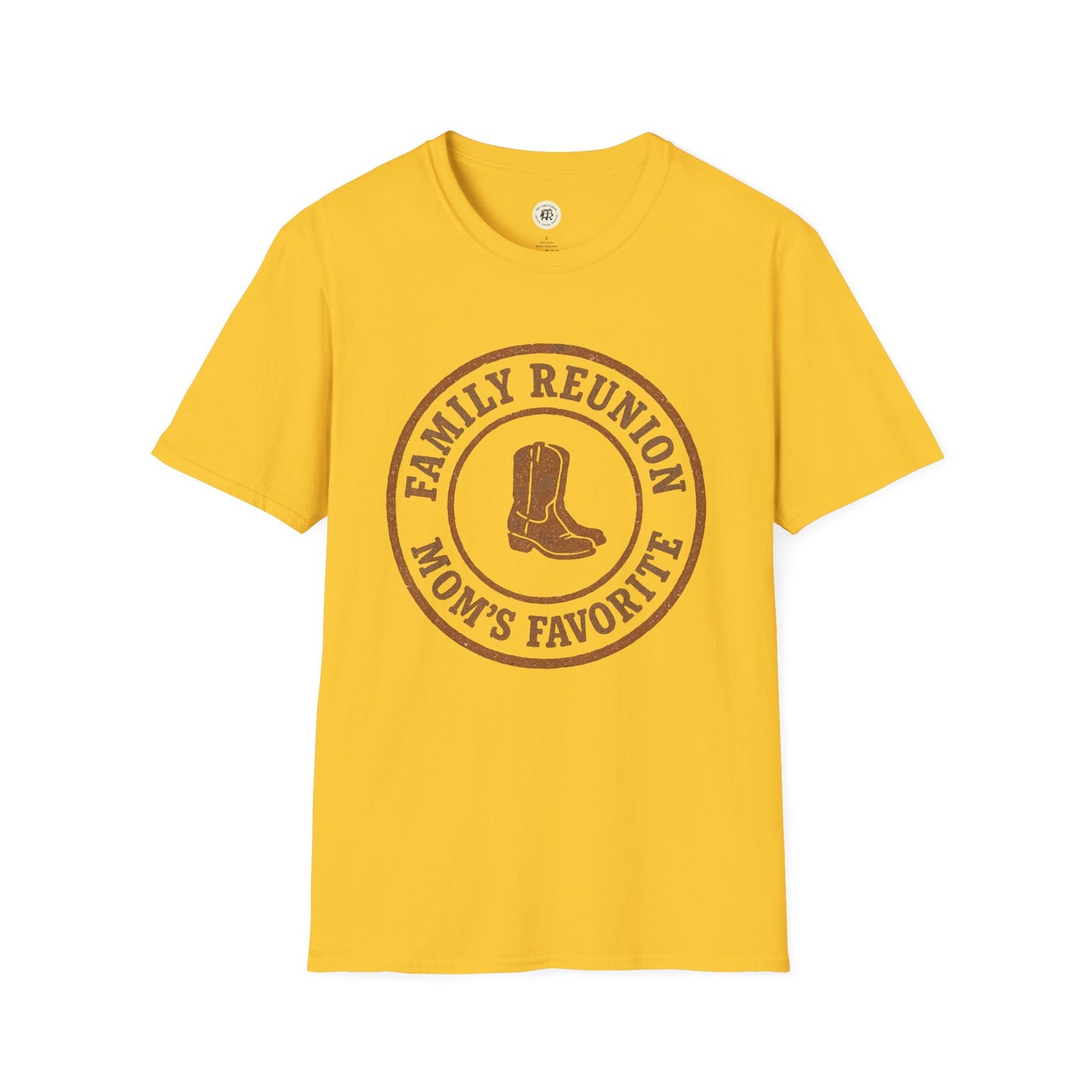 Yellow family reunion t-shirt with brown print featuring cowboy boots and text moms favorite