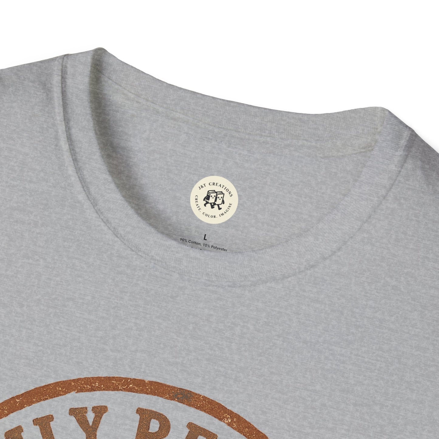 Close-up of gray family reunion t-shirt neckline and upper print detail by Printify