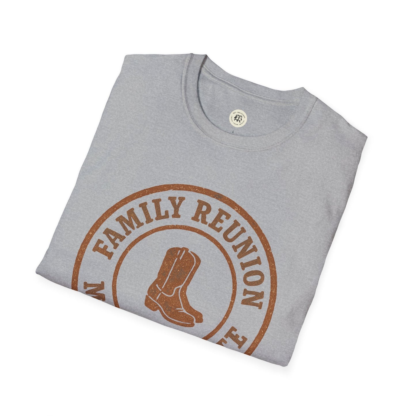 Gray Printify family reunion t-shirt with brown cowboy boots graphic folded neatly