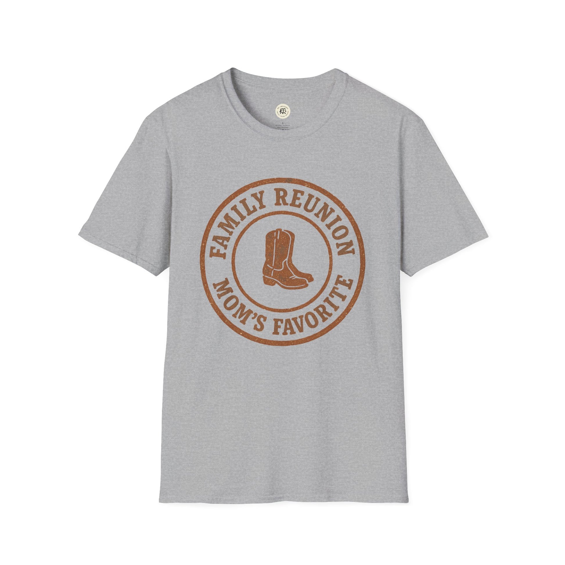 Gray Printify family reunion t-shirt with brown cowboy boots and mom's favorite text design