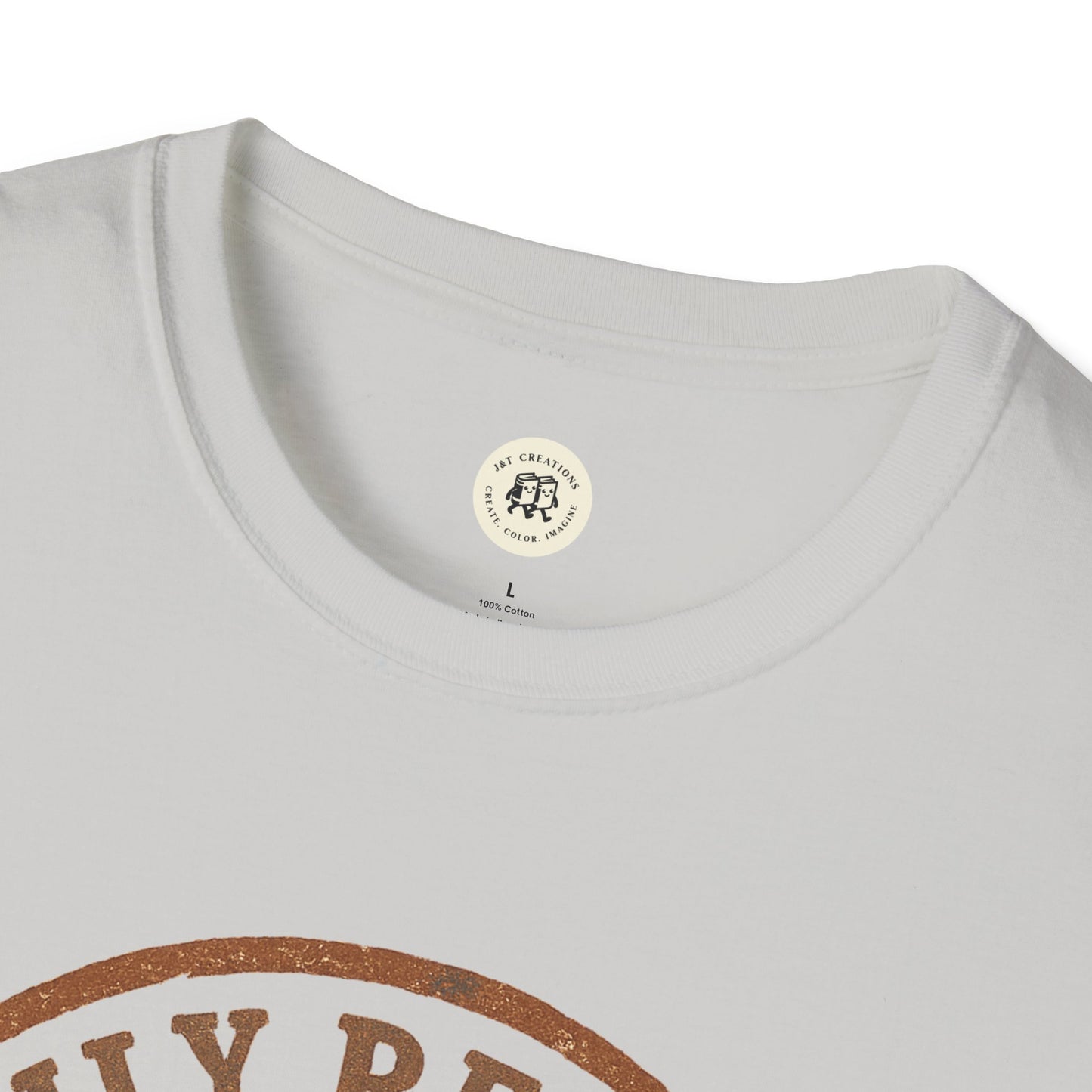 White Printify family reunion t-shirt with round neck and partial brown circle design