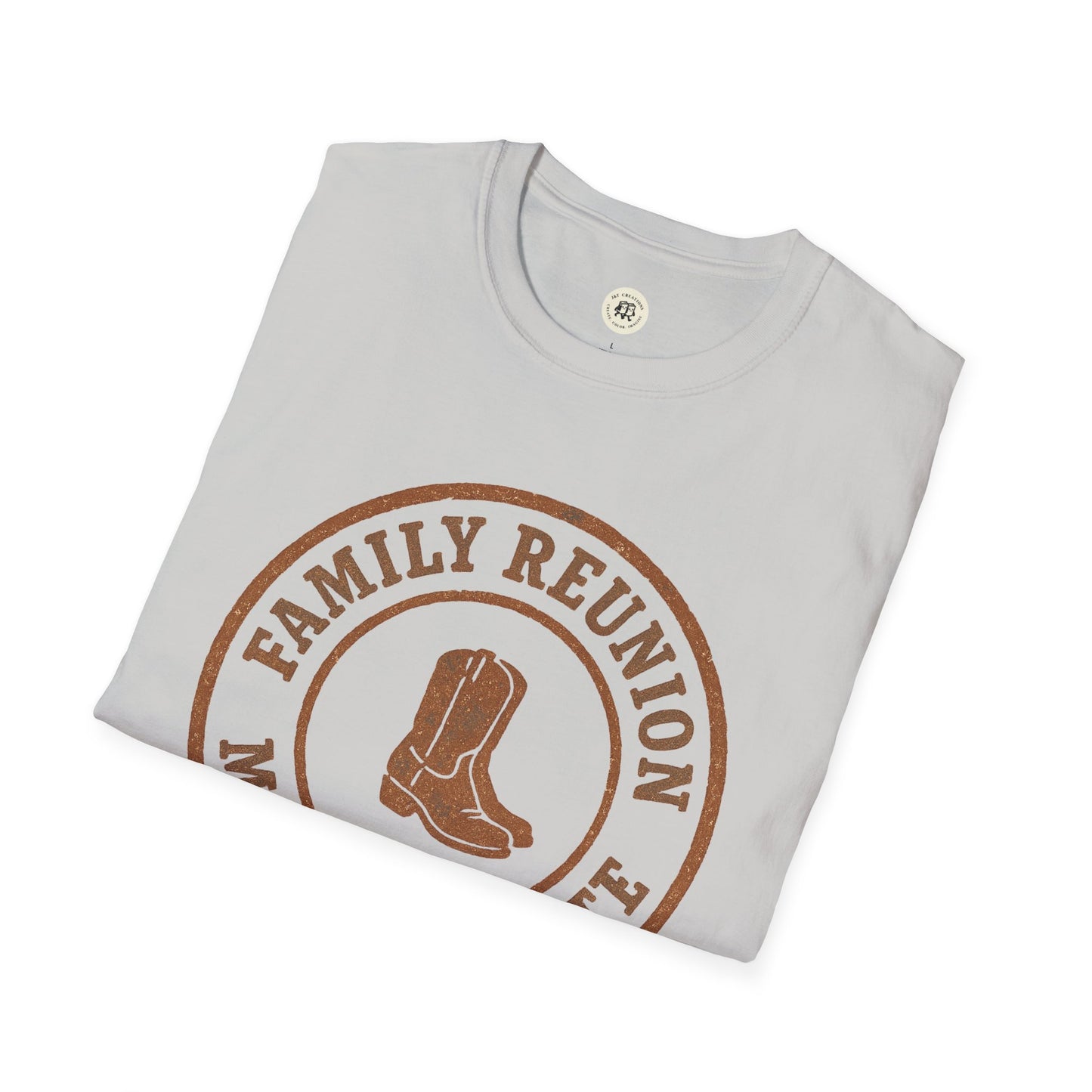 Light gray family reunion t-shirt with brown cowboy boots graphic printed on front