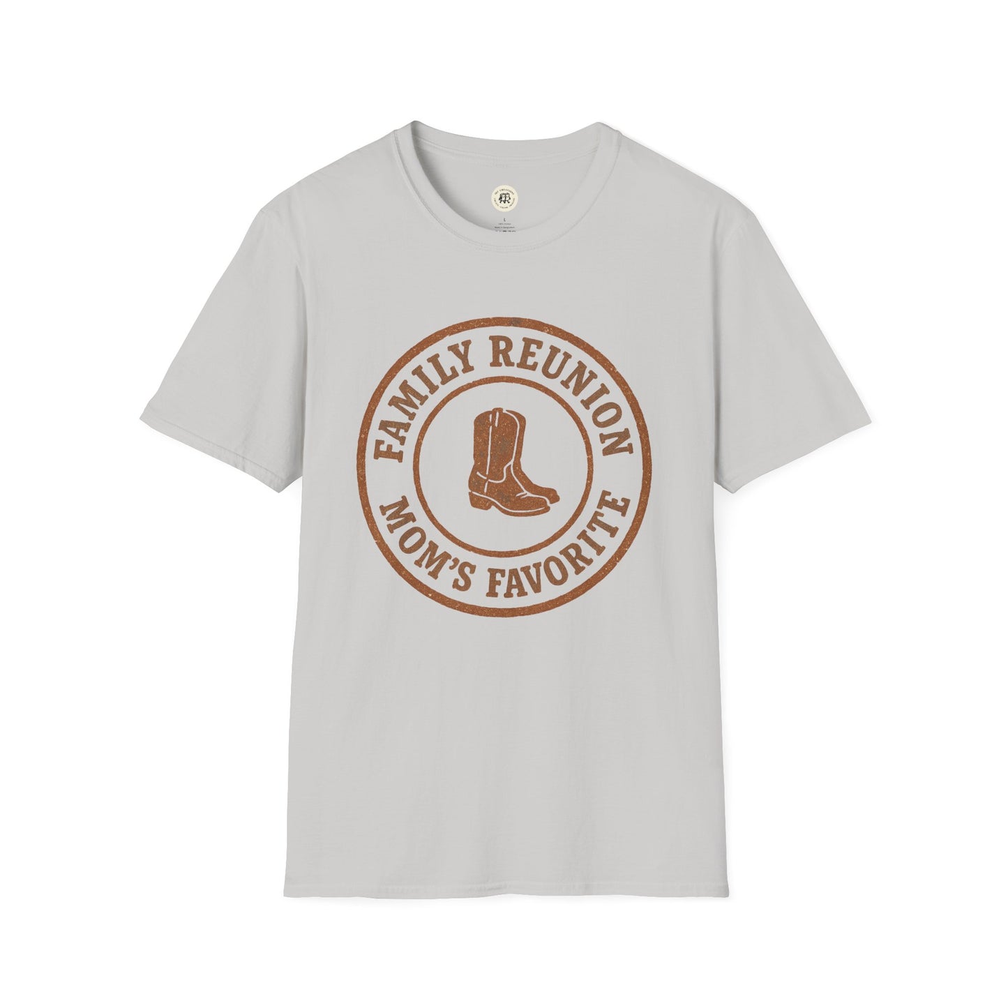 Printify family reunion t-shirt in light gray with brown cowboy boots and mom's favorite text design