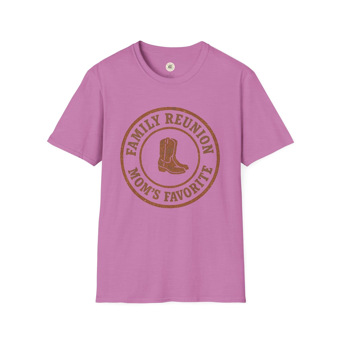 Purple Printify family reunion t-shirt with brown boots and mom's favorite text design