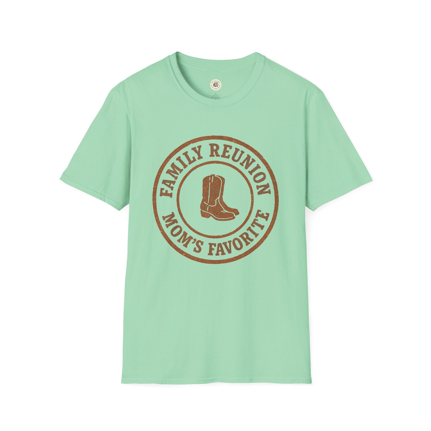 Mint green family reunion t-shirt with brown cowboy boots and Mom's Favorite text design