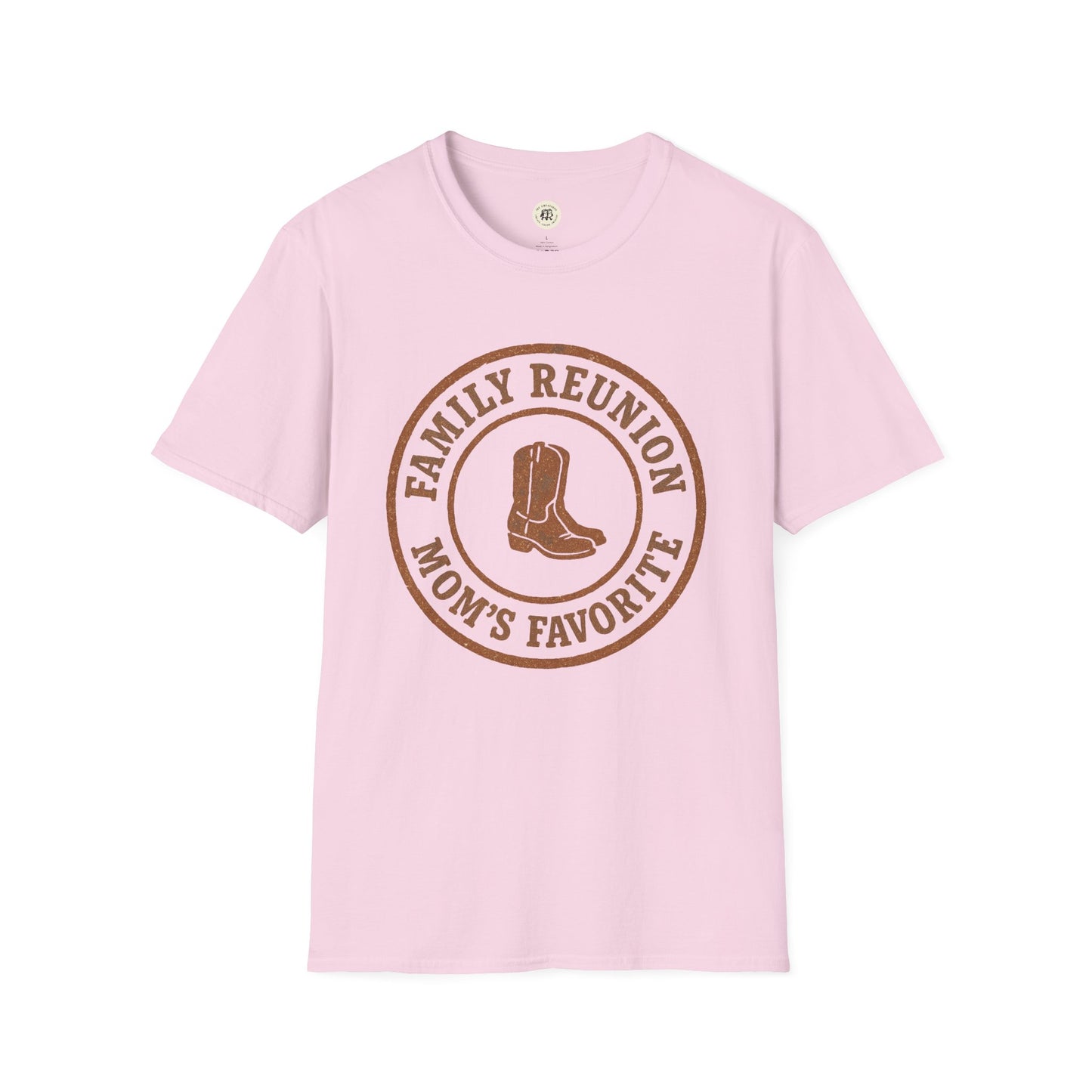 Pink family reunion t-shirt by Printify with brown cowboy boot graphic and Mom's Favorite text