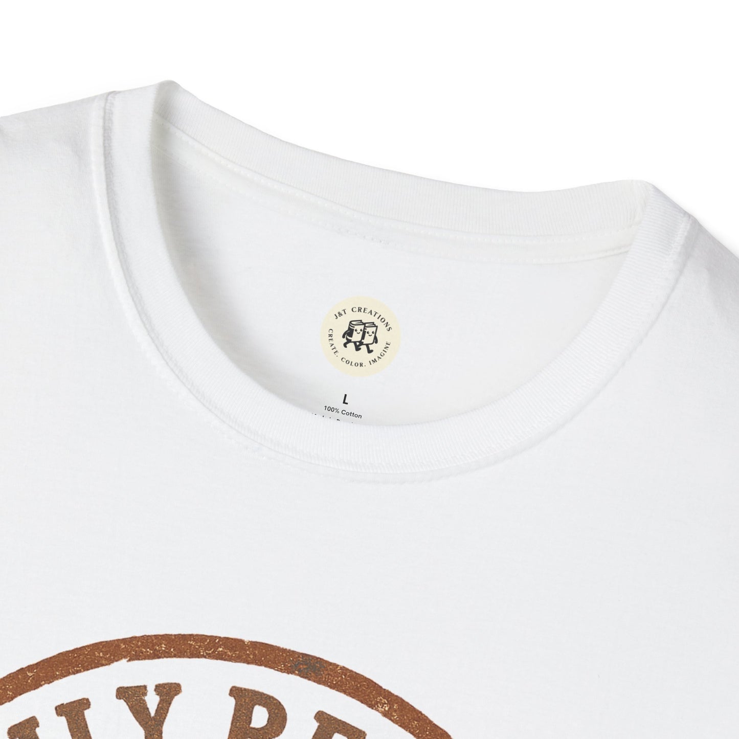 White family reunion t-shirt from Printify with round neckline and partial brown print