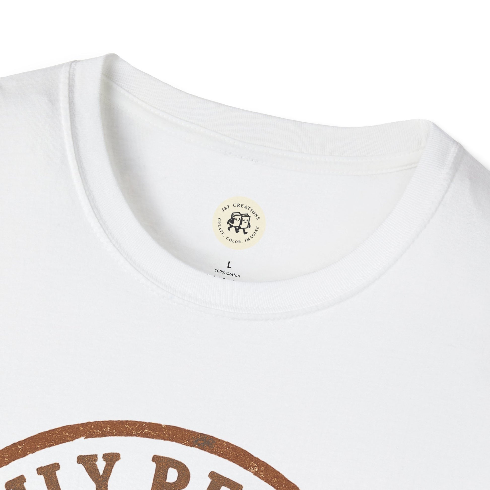 White family reunion t-shirt from Printify with round neckline and partial brown print