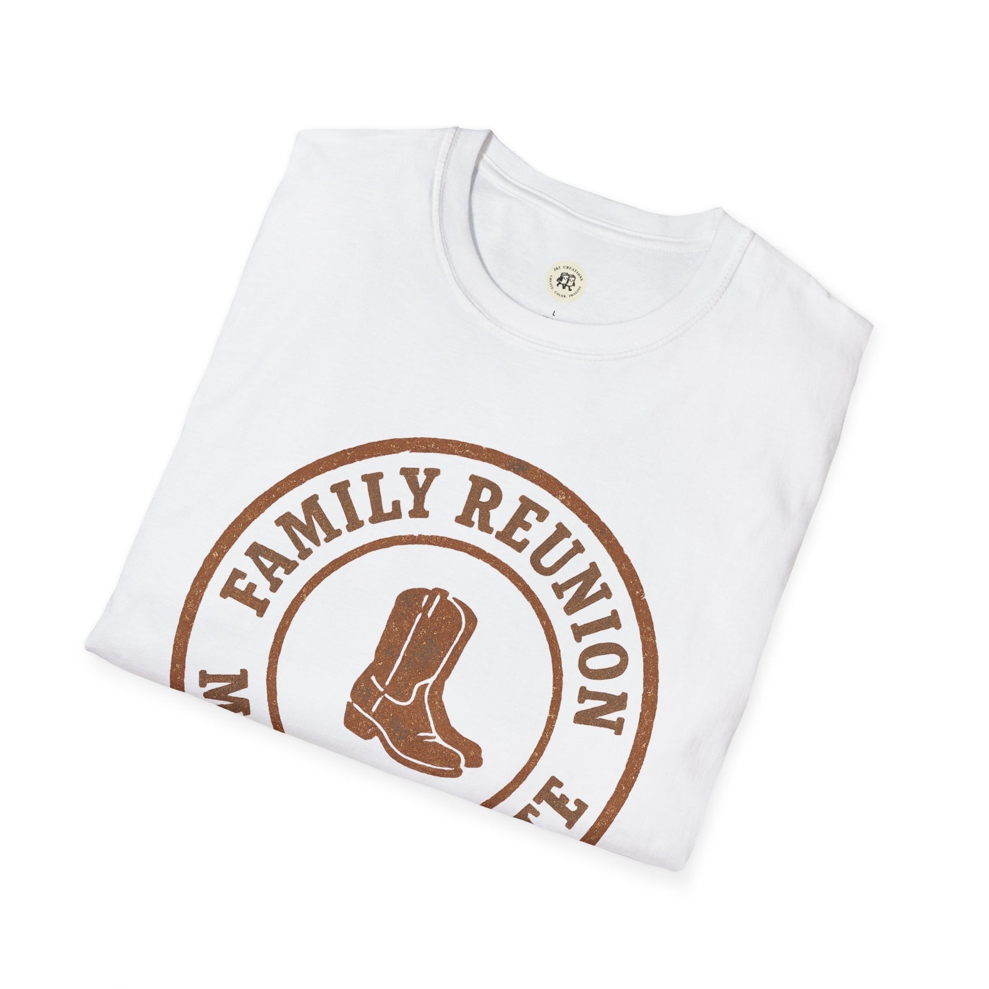 White Printify family reunion t-shirt with brown boot graphic folded neatly