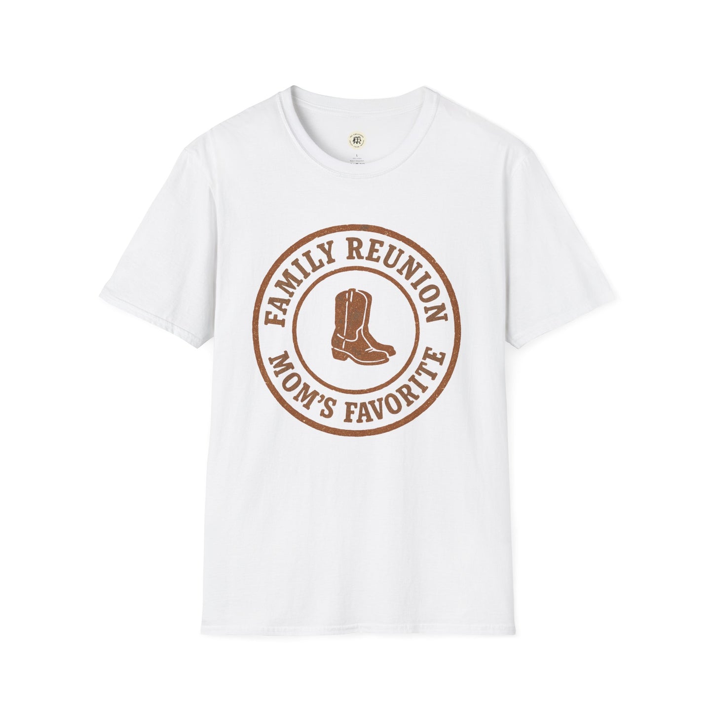 White Printify family reunion t-shirt with brown graphic of cowboy boots and text moms favorite