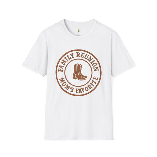 White Printify family reunion t-shirt with brown graphic of cowboy boots and text moms favorite
