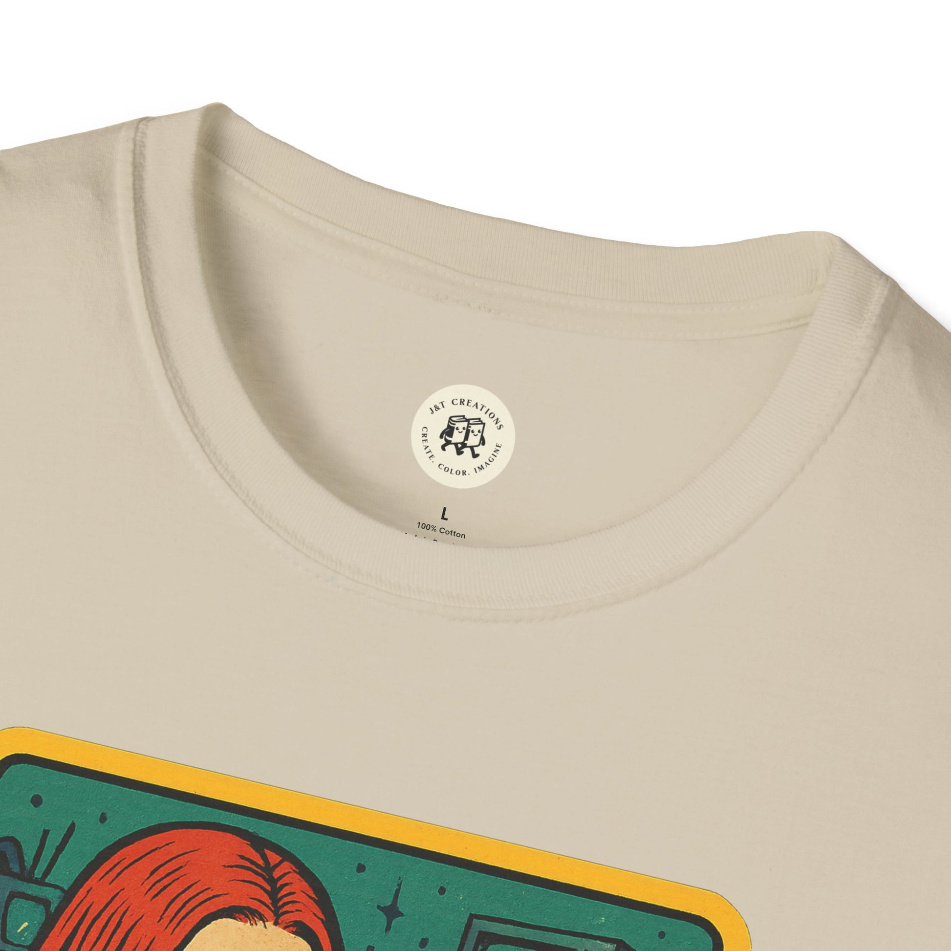 Close-up of Printify T-Shirt featuring garbage inspired retro safety shirt design with colorful vintage graphics
