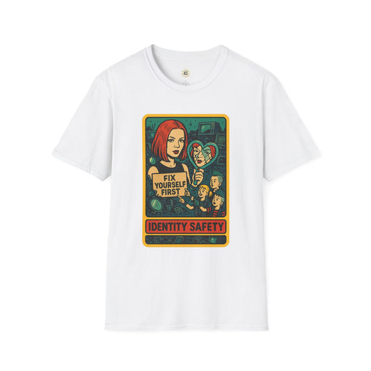 White Printify t-shirt featuring garbage inspired retro safety shirt design with Fix Yourself First artwork