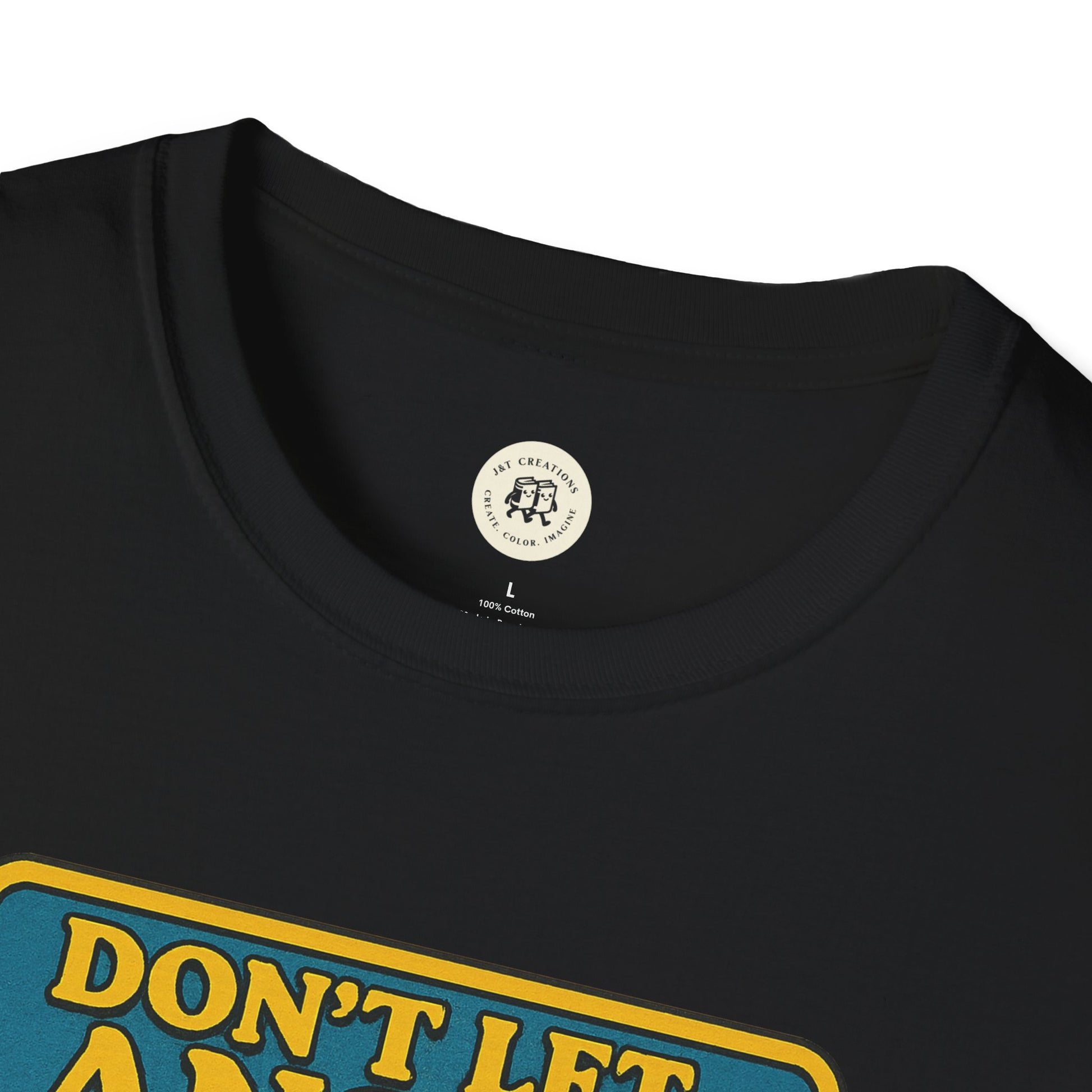 Black Heathcliff quote unisex tee by Printify featuring a colorful graphic text design