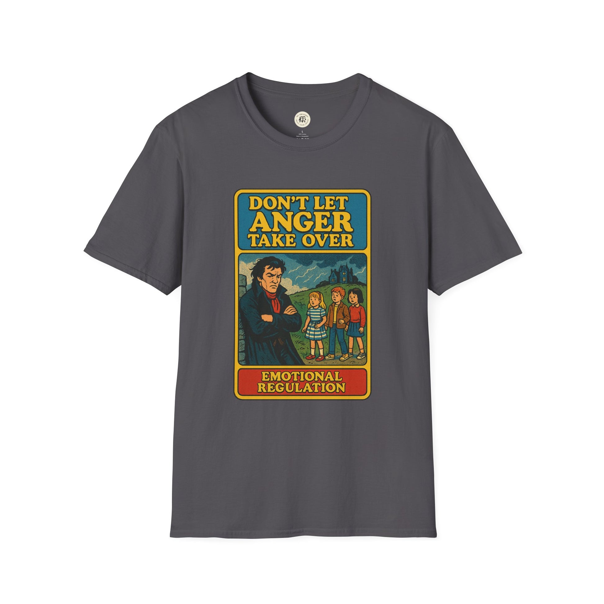 Heathcliff quote unisex tee with Don't Let Anger Take Over graphic and emotional regulation text