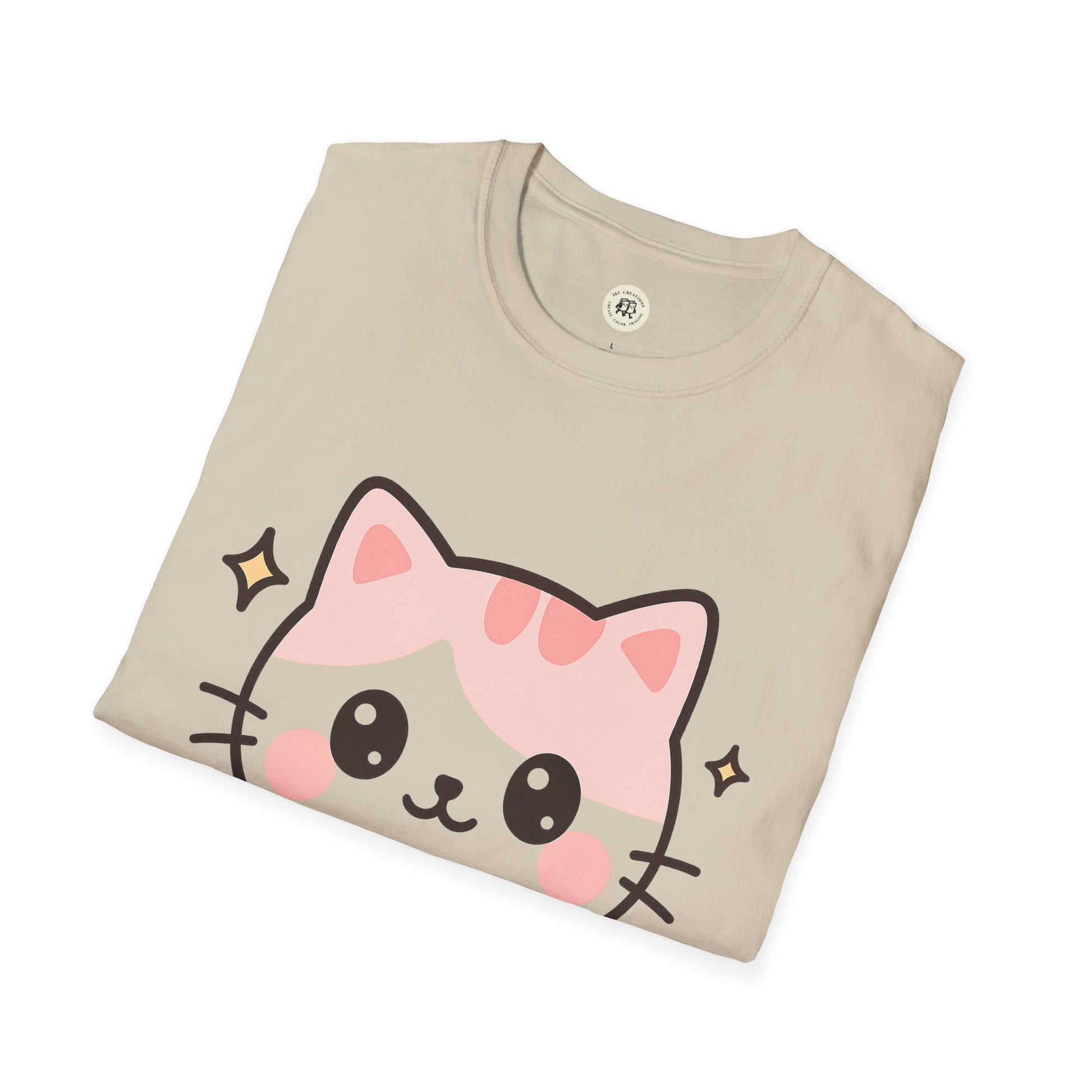 Printify beige kawaii cat t-shirt with cute pink and gray cat face design