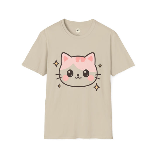 Beige Printify kawaii cat t-shirt featuring a cute pink and cream cat face with sparkles