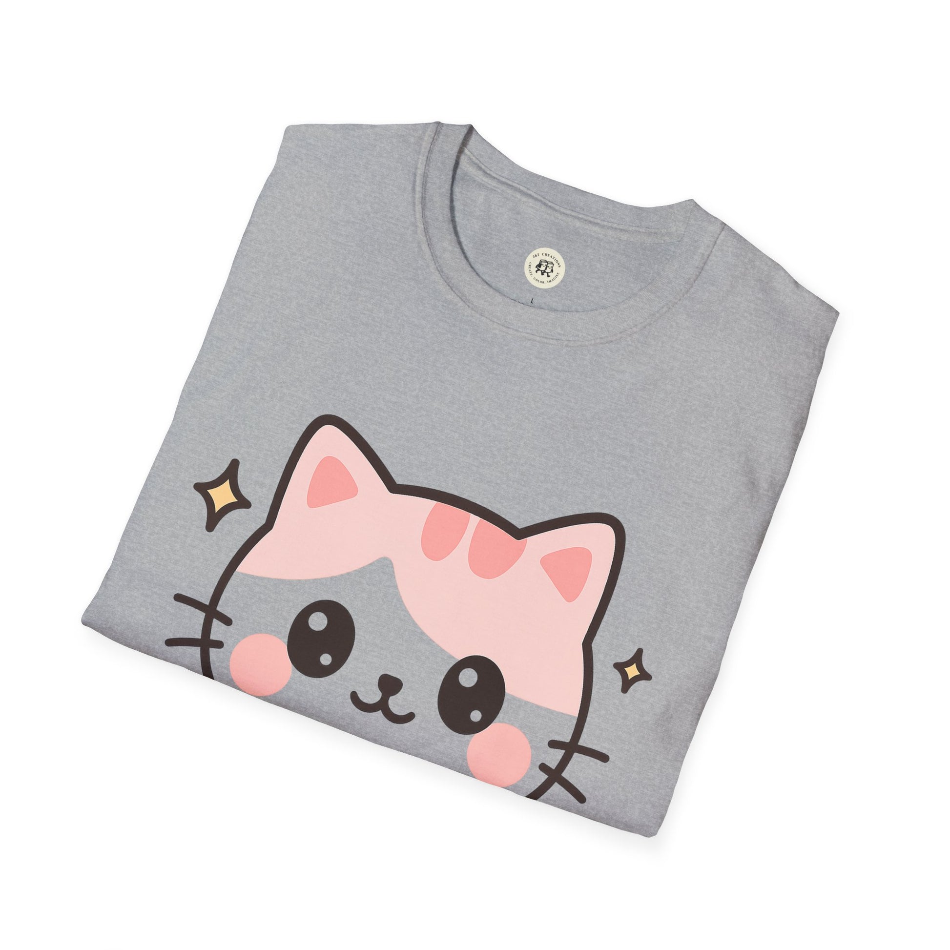 Gray Printify kawaii cat t-shirt with a cute pink and gray cartoon cat face design