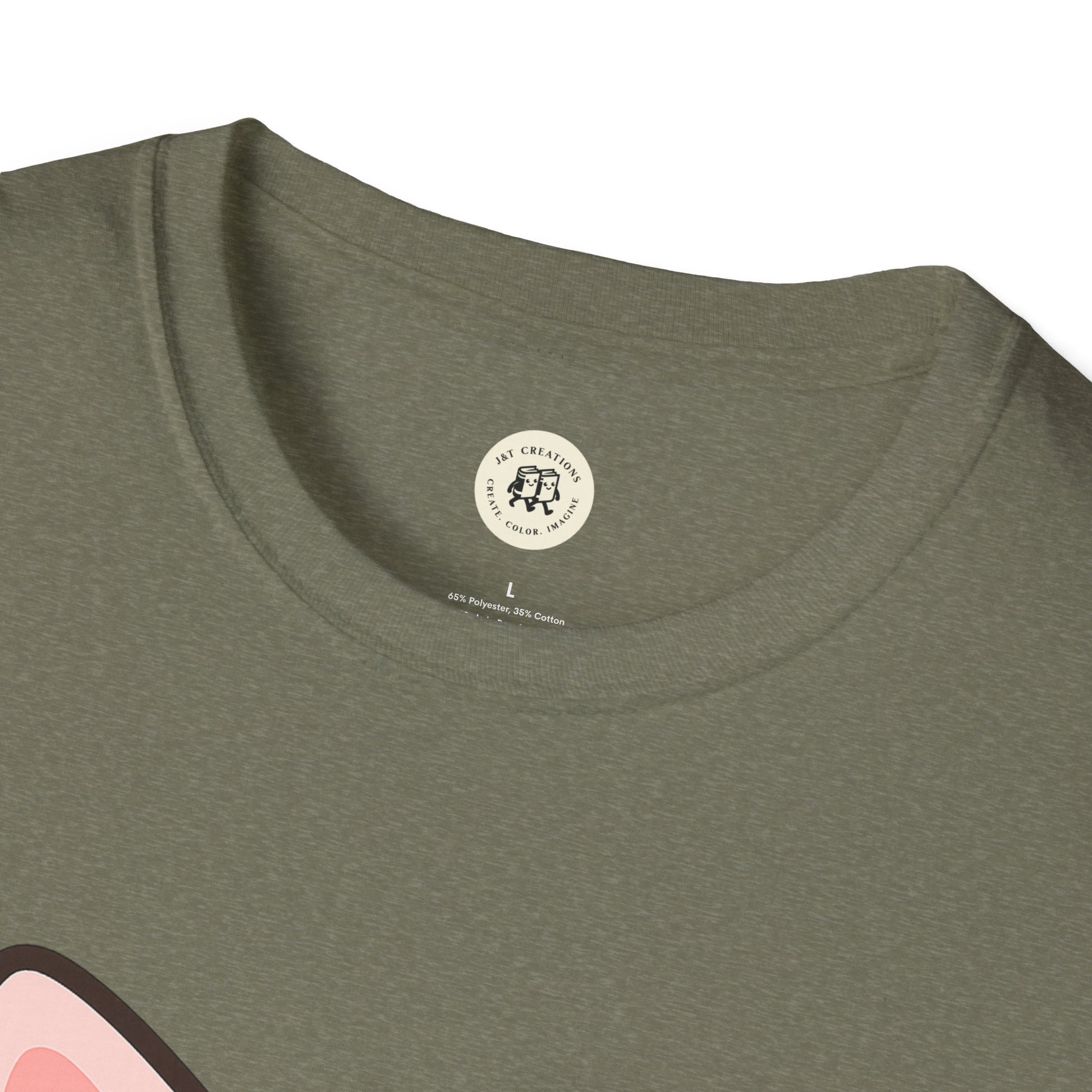 Close-up of olive green kawaii cat t-shirt collar and part of printed cat ear design by Printify