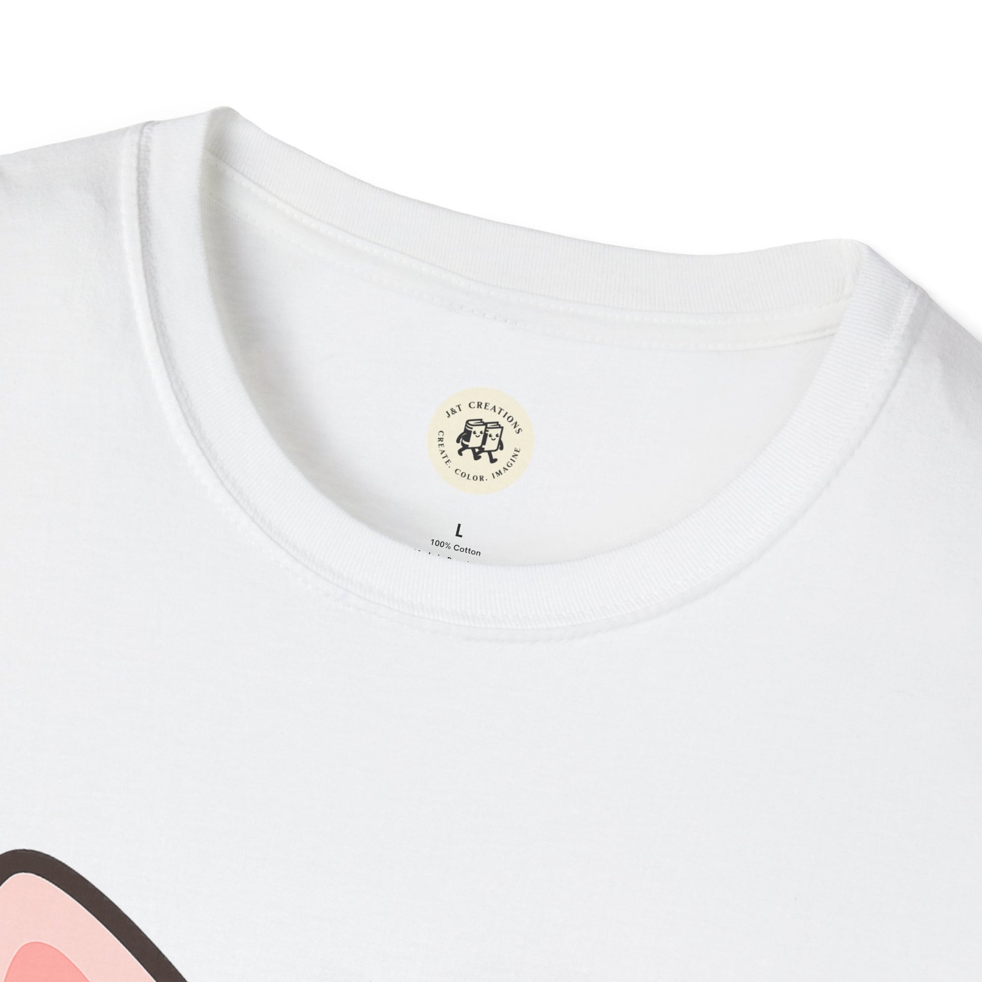 White Printify kawaii cat t-shirt with round neckline and soft cotton fabric