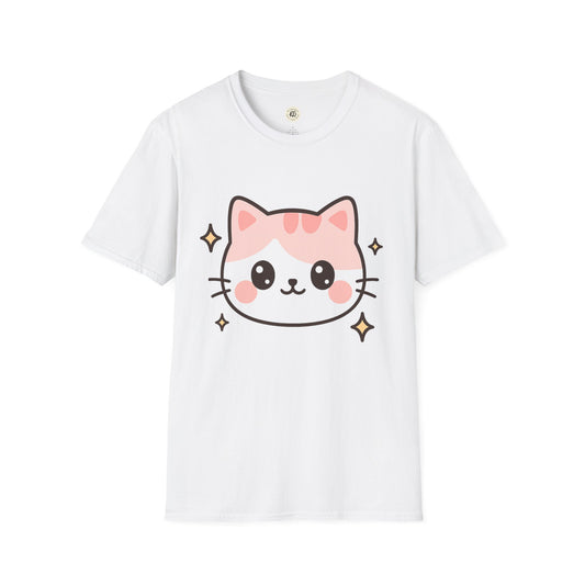 White Printify kawaii cat t-shirt with a cute pink and white cat face and sparkling stars design