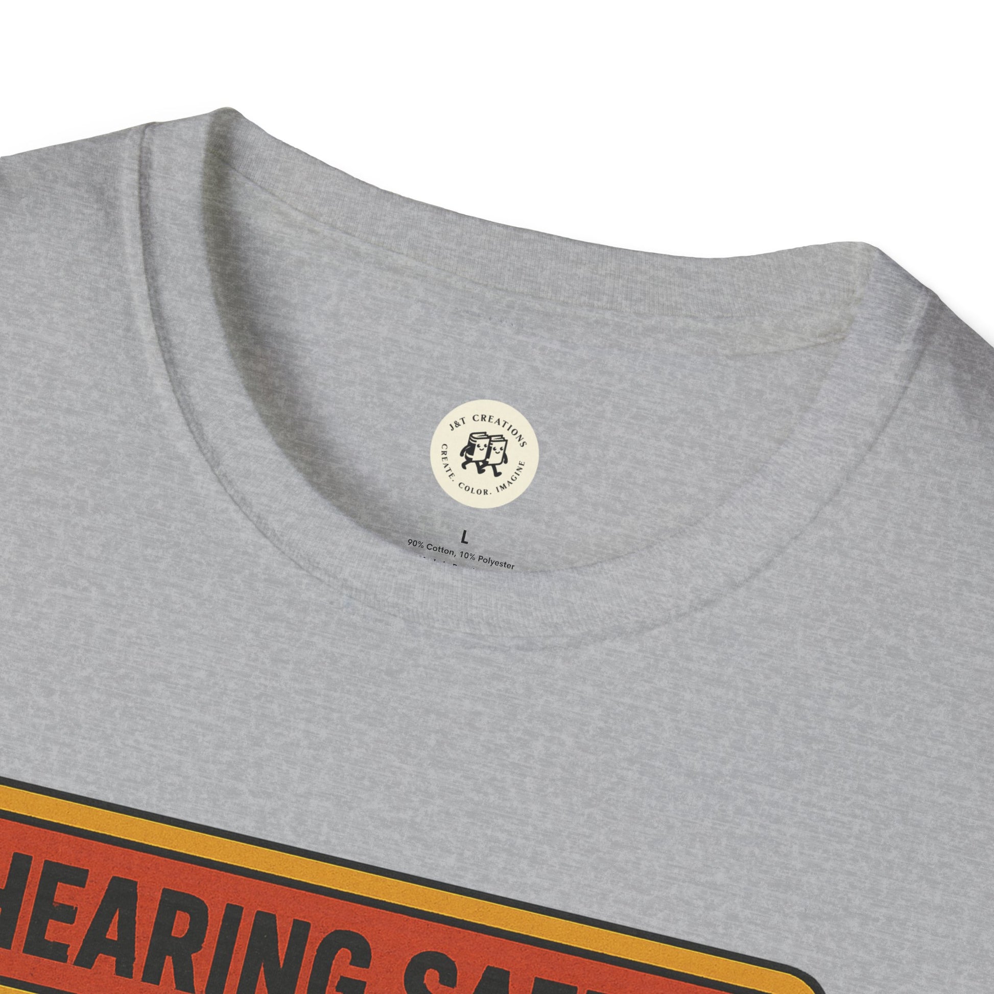 Close-up of grey nirvana retro safety shirt by Printify showing collar and part of graphic design
