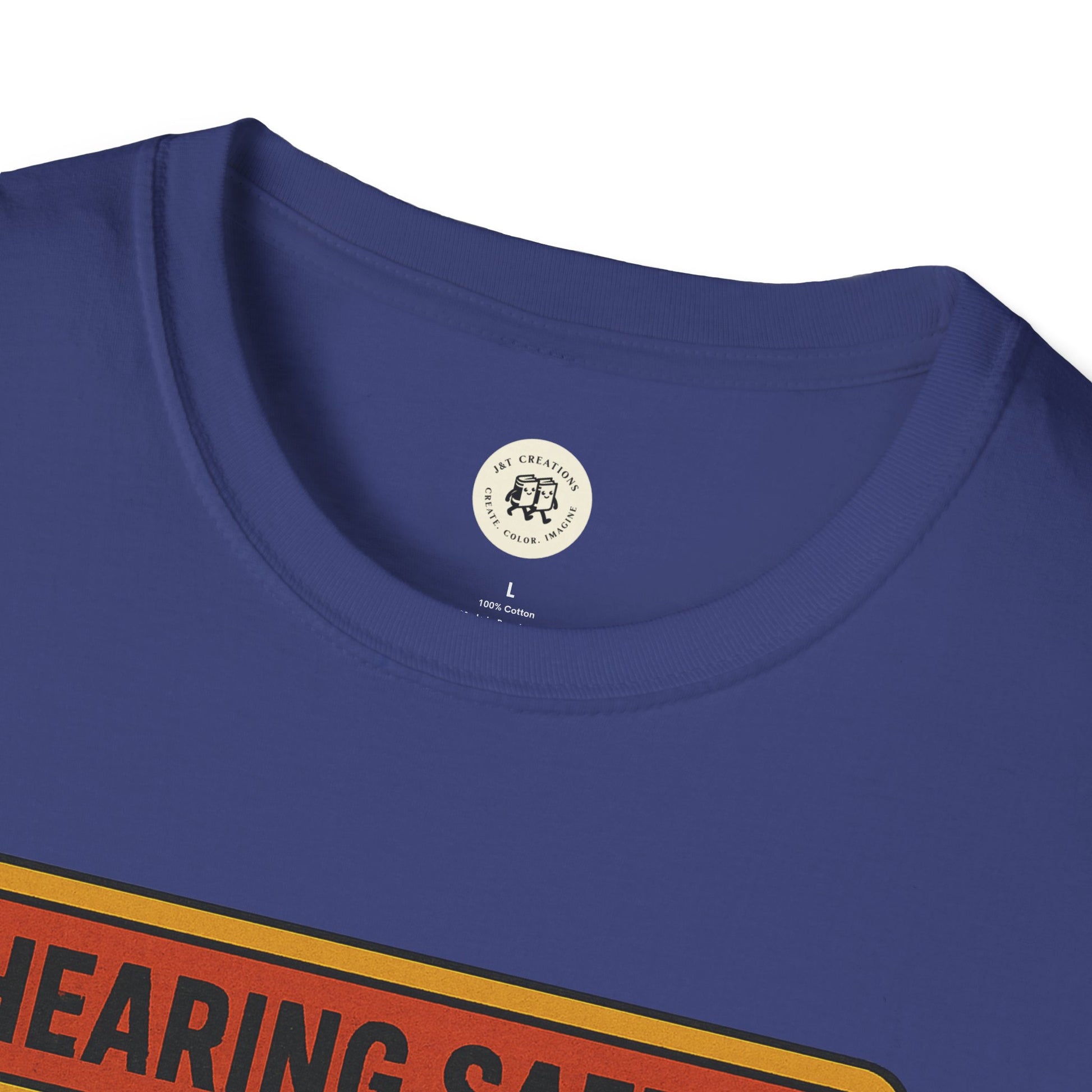 Close-up of Printify nirvana retro safety shirt navy blue cotton T-shirt neckline and part of graphic print