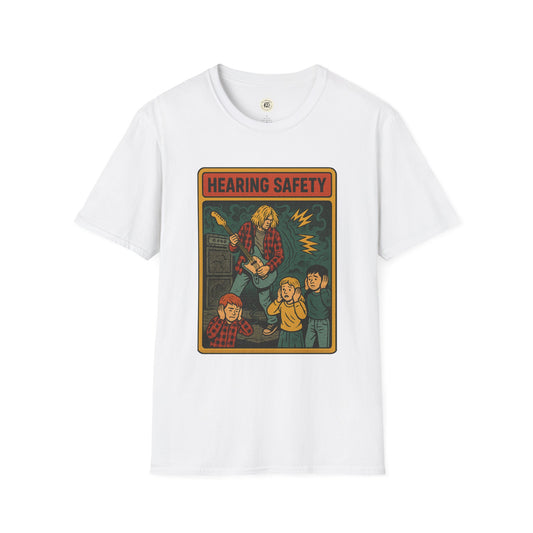 White T-shirt featuring a nirvana retro safety shirt design with a guitarist and people covering their ears