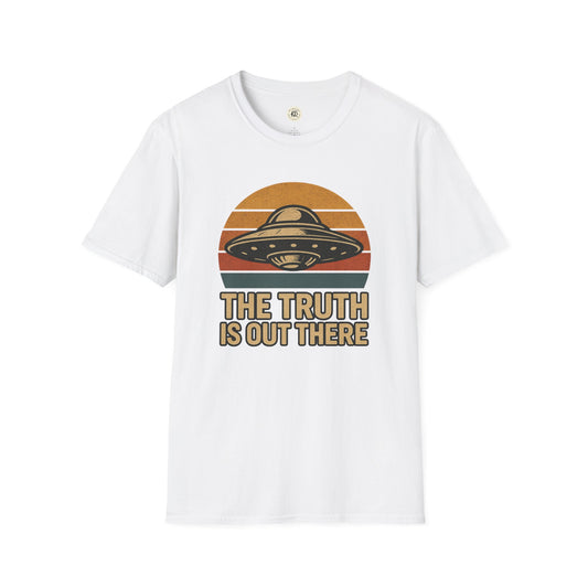 White Printify retro UFO t-shirt with vintage flying saucer and The Truth Is Out There text