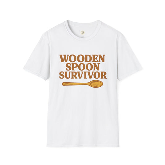 White wooden spoon survivor t-shirt with brown text and wooden spoon graphic by Printify
