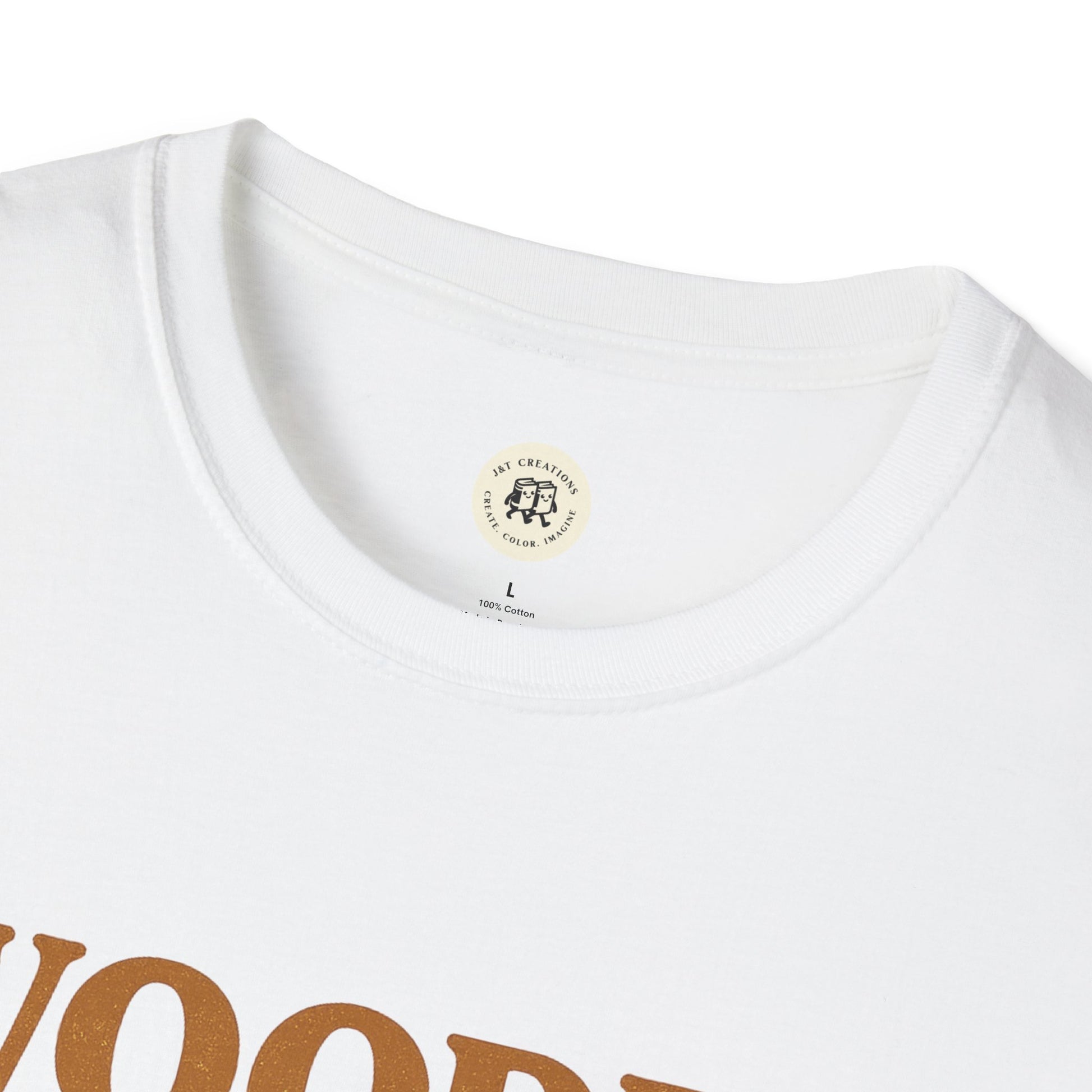 Close-up of white wooden spoon survivor t-shirt collar and partial text print by Printify