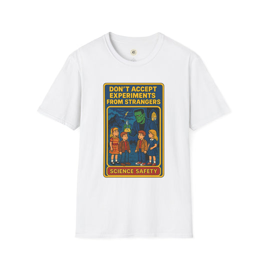 Printify white Frankenstein safety shirt with vintage science safety graphic and warning text