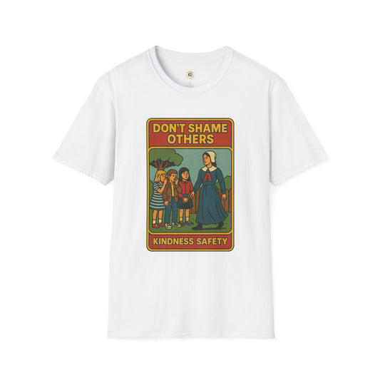 White Printify t-shirt featuring Hester Prynne kindness shirt design with vintage-style kindness safety message