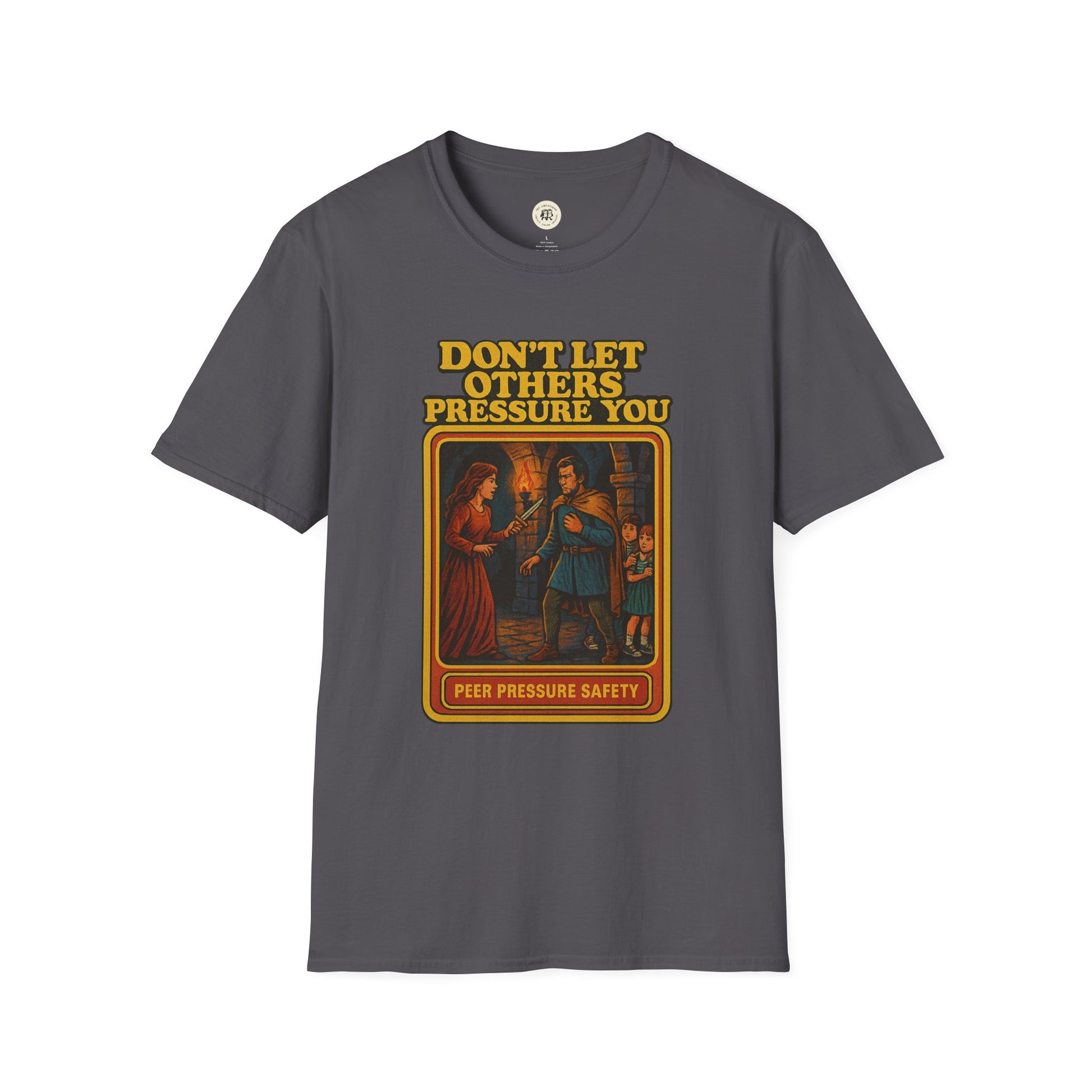 Gray Lady Macbeth inspirational shirt with vintage style peer pressure safety graphic and text