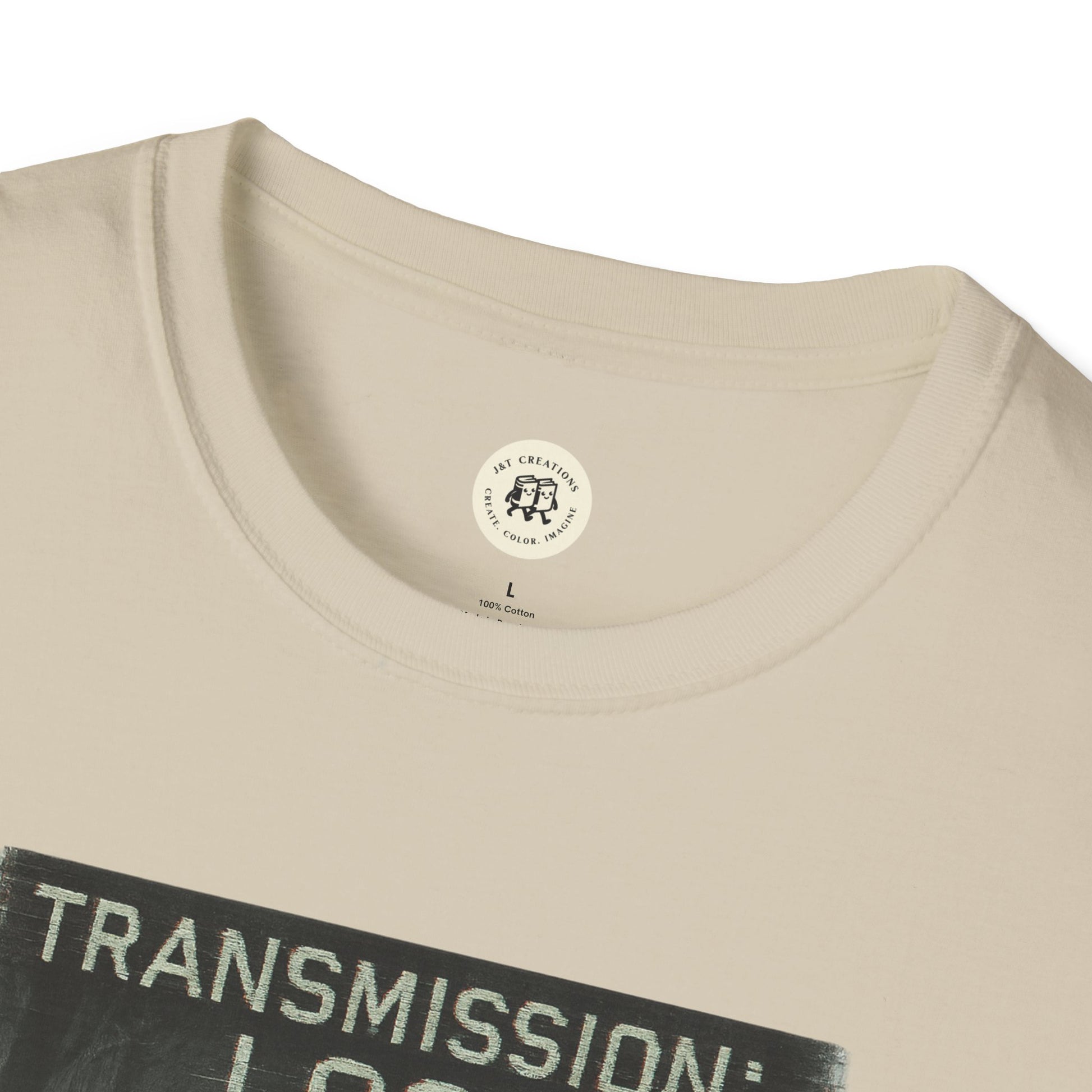 Beige Printify mysterious lost transmission t-shirt with black printed text design on cotton fabric