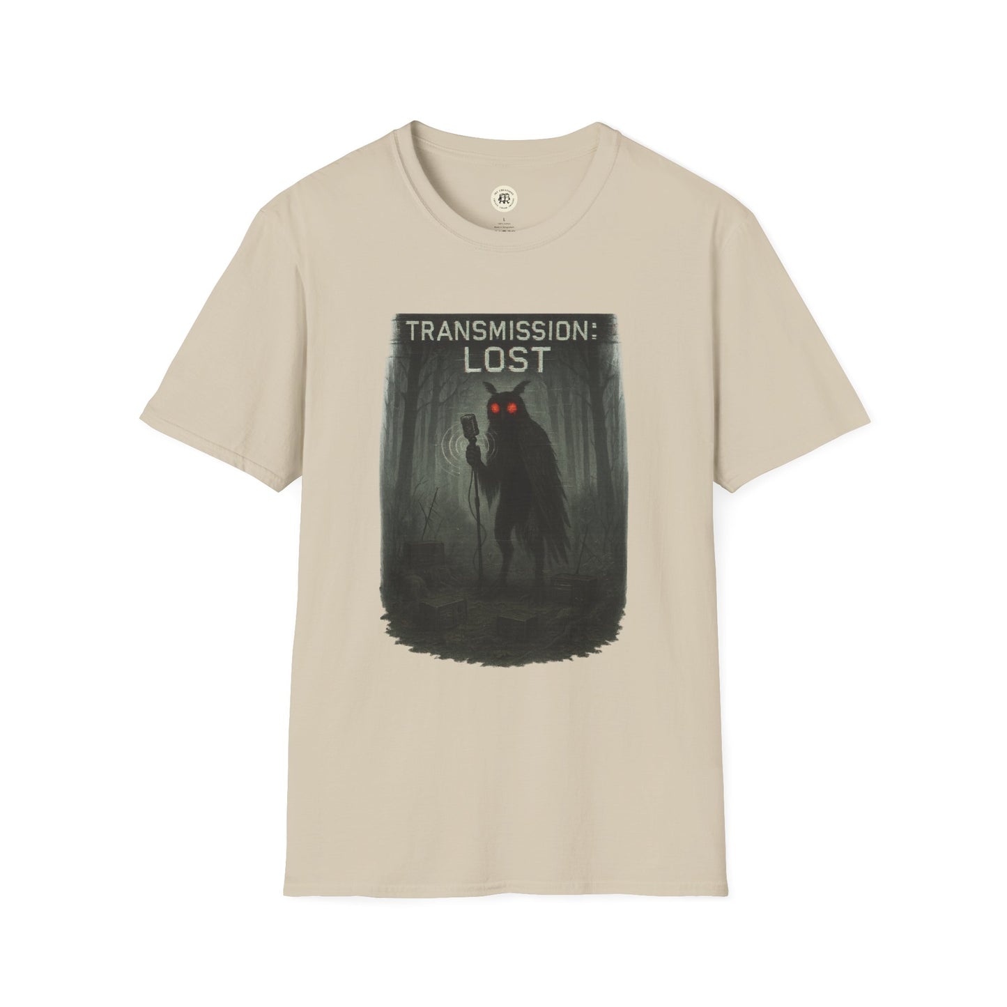 Beige Printify mysterious lost transmission t-shirt with dark forest and glowing eyes design