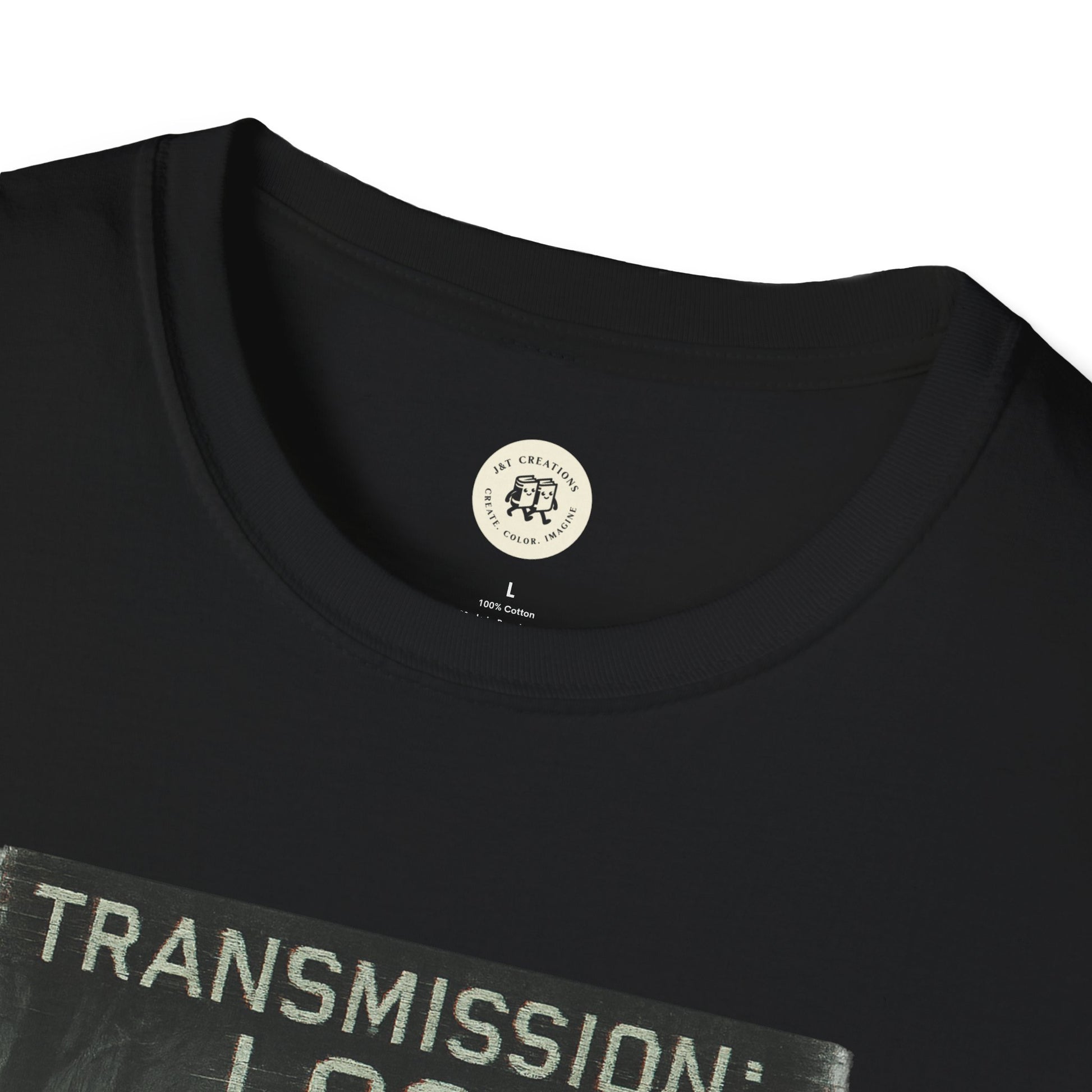 Black mysterious lost transmission t-shirt by Printify with round neckline and graphic print