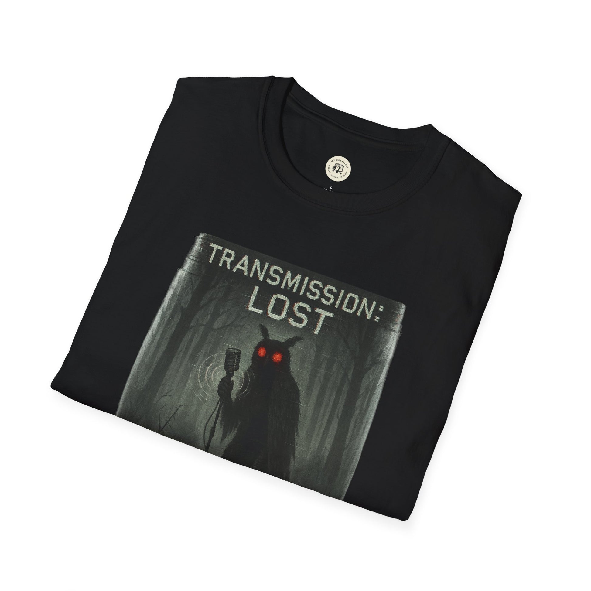 Black mysterious lost transmission t-shirt with creepy glowing red eyes figure print