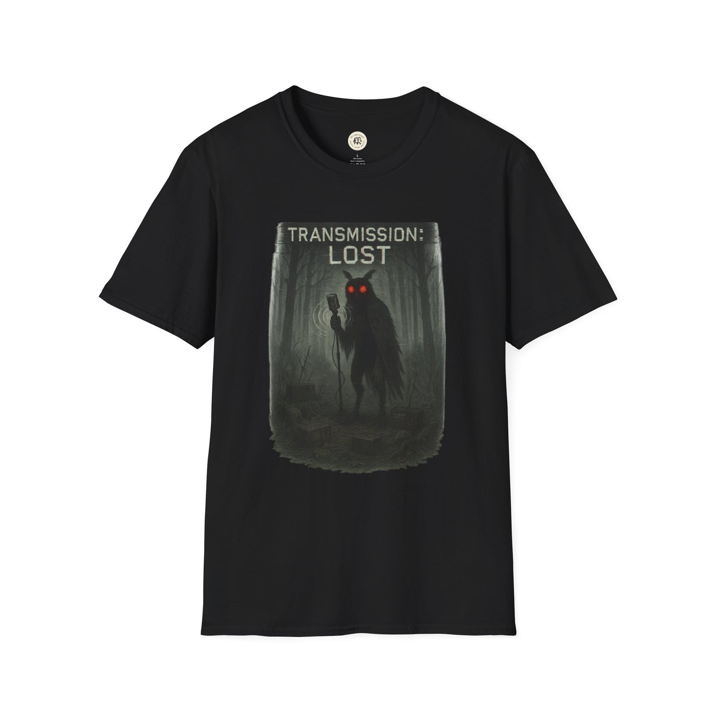 Black Printify t-shirt featuring a mysterious lost transmission t-shirt design with a shadowy figure and red eyes
